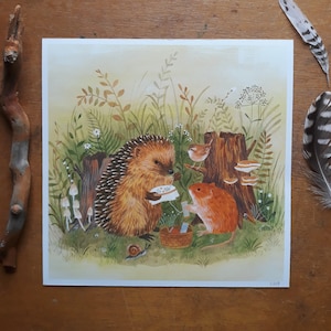 Giclee print  woodland animals - Embroidery - hedgehog - mouse - bird