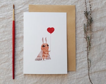 Greeting card cute moth with baloon - moth with heart - love greeting card - valentines card