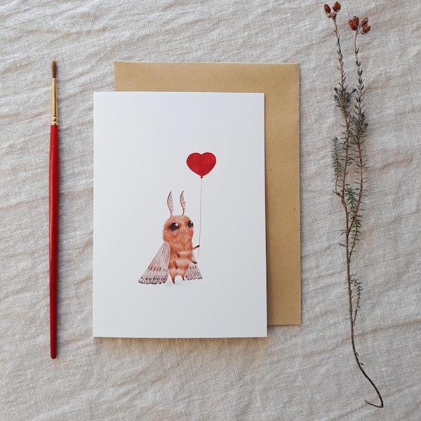 Greeting card cute moth with baloon - moth with heart - love greeting card - valentines card
