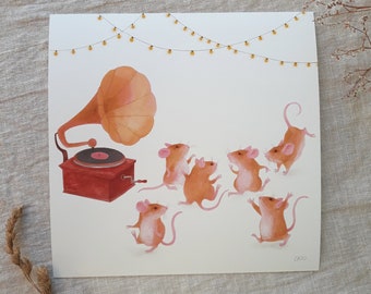 Giclee print dancing mice - music party - hand drawn art