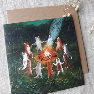 Greeting card Pagan cats dancing around the fire image 2