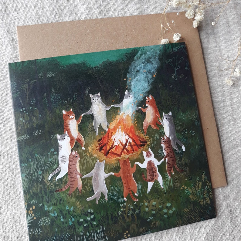 Greeting card Pagan cats dancing around the fire zdjęcie 2