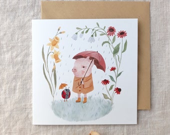 Spring rain - Piglet and ladybird greeting card