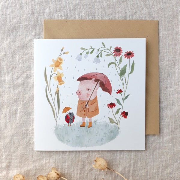 Spring rain - Piglet and ladybird greeting card
