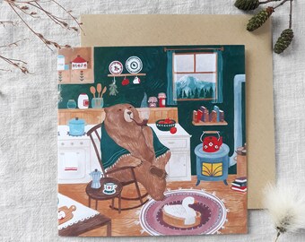 Greeting card Bear in cabin