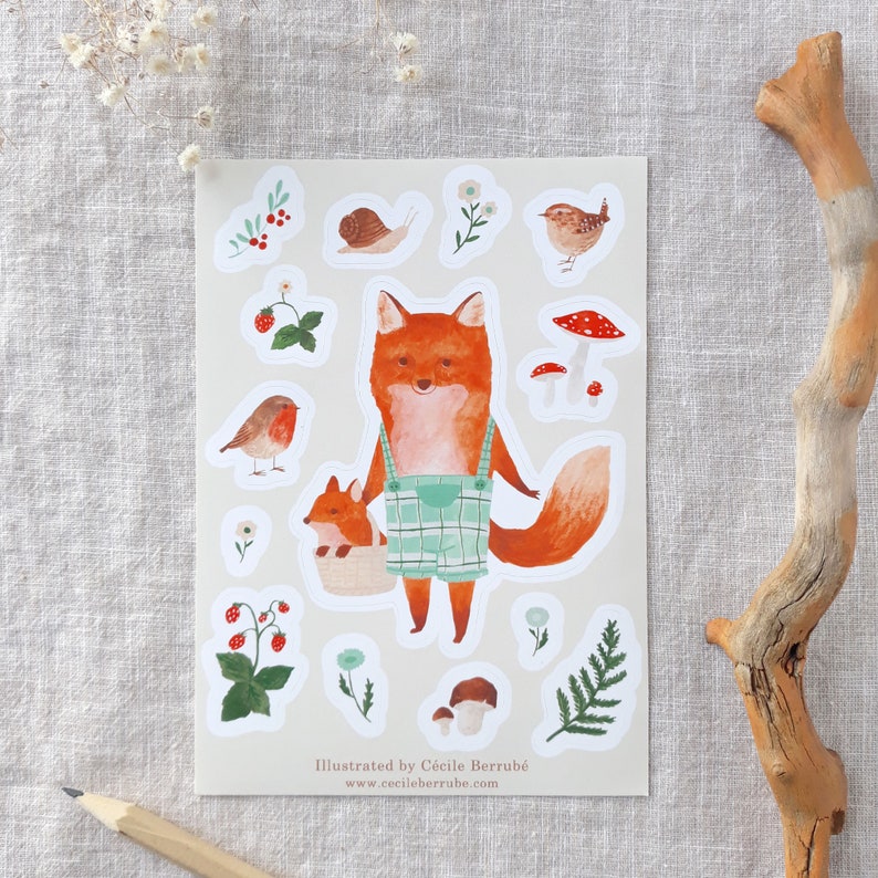 A6 sticker sheet Mama fox and woodland fiends wren, robin and snail image 1