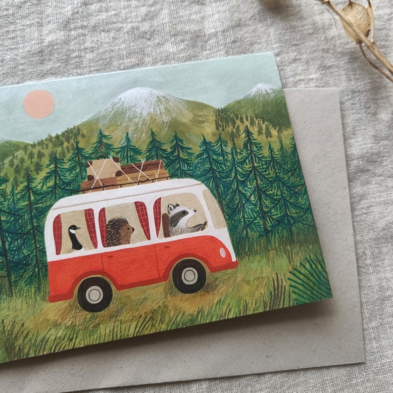 Greeting card van with animals geese, raccoon and porcupine image 2