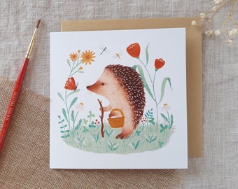 Greeting card hedgehog and butterfly