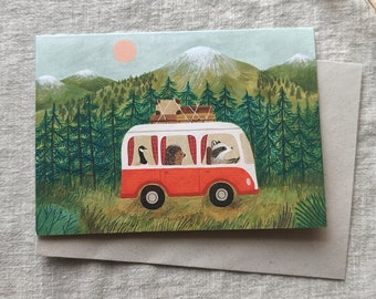 Greeting card van with animals - geese, raccoon and porcupine