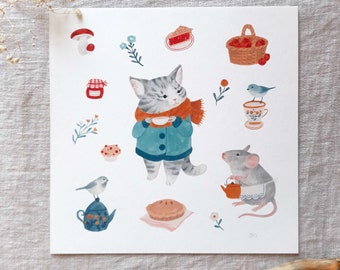 Tea time print - cat, mouse and birds