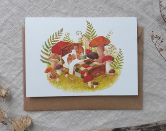 Greeting card mice in bed - mushroom forest - couple love card- valentine's day