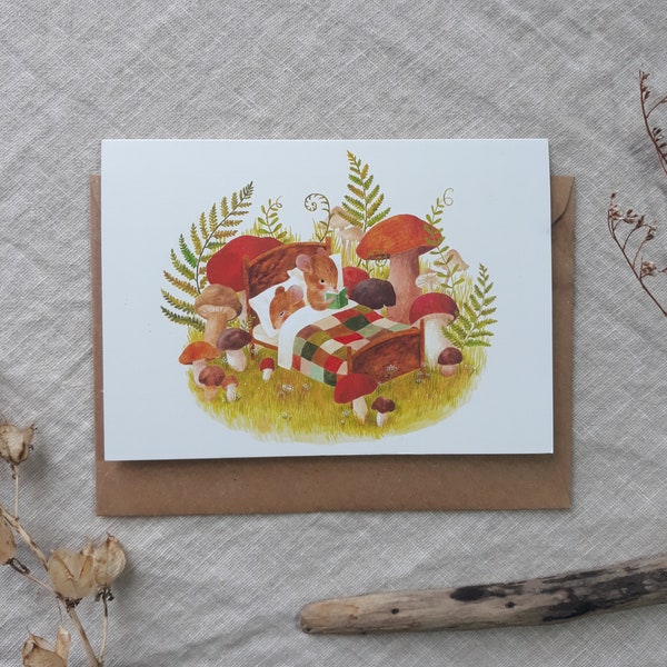 Greeting card mice in bed - mushroom forest - couple love card- valentine's day