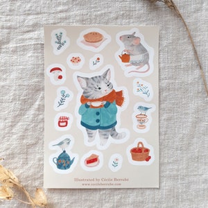A6 sticker sheet - tea time - cat, birds and mouse