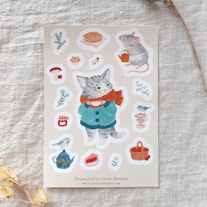 Feuille d'autocollants A6 - l'heure du thé - chat, oiseaux et souris