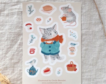 A6 sticker sheet - tea time - cat, birds and mouse