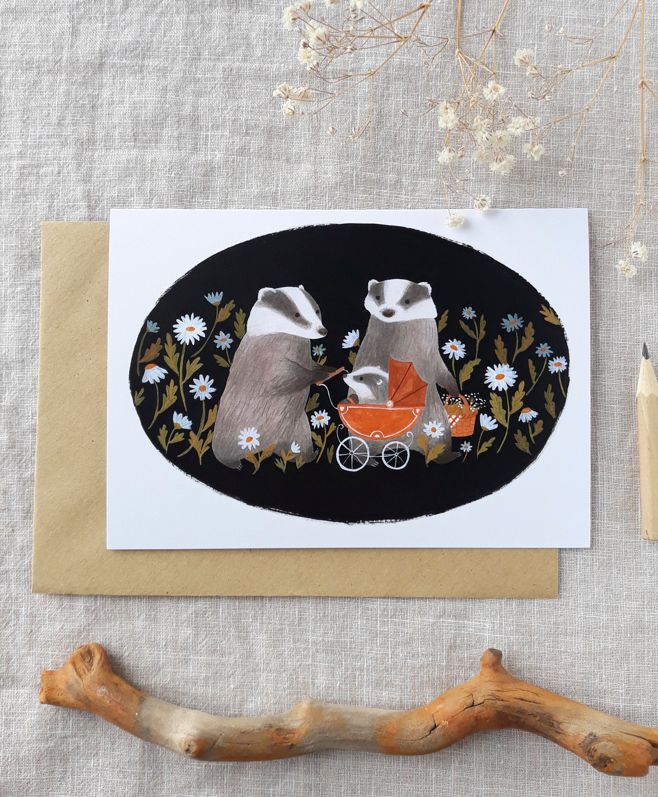Badger family greeting card - new baby - woodland animals