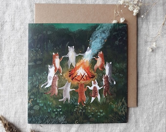 Greeting card Pagan cats dancing around the fire