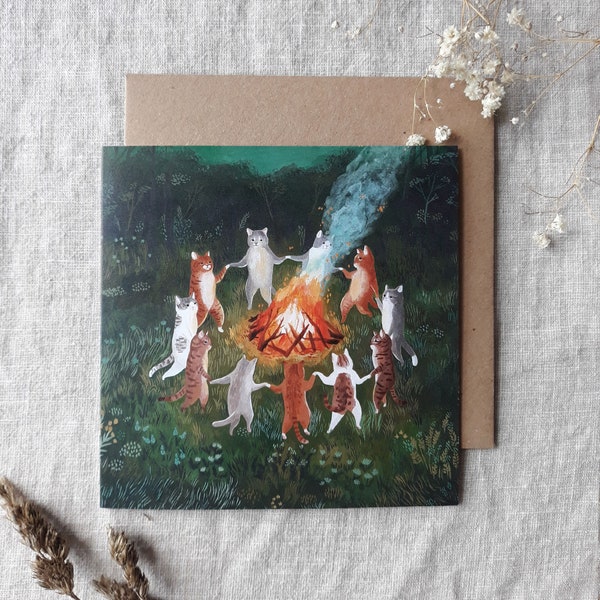 Greeting card Pagan cats dancing around the fire