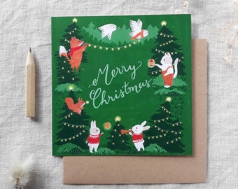 Merry Christmas greeting card - rabbits, squirrel, fox, owls, cat