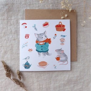 Greeting card Tea time - cat, mouse and birds