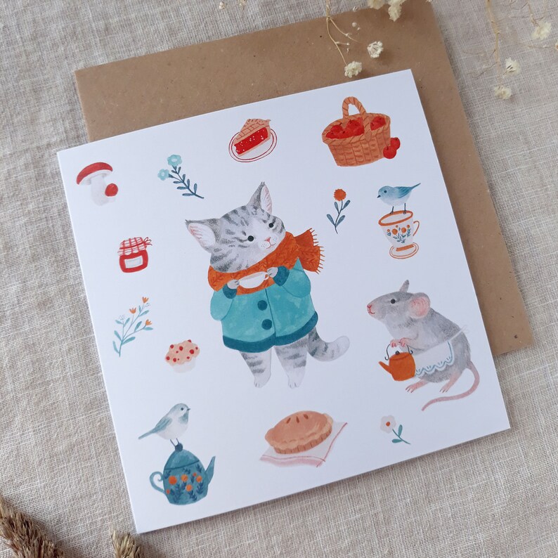 Greeting card Tea time cat, mouse and birds image 2