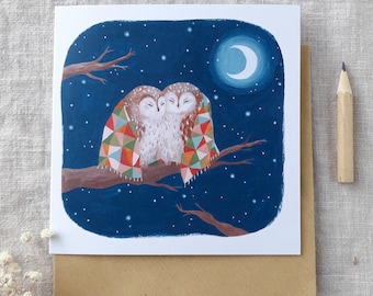 Cosy owls under the moon card -love-couple greeting card