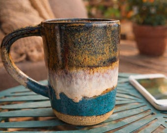 Handmade Ceramic Coffee Mug – Copper, White & Turquoise Pottery – Modern Stoneware Cup – Large Handmade Mug – Unique Artisan Gift