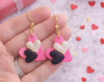 Valentine Heart Earrings | Pink & Black Glitter Heart Dangle Earrings | Romantic Handmade Jewelry | Gift For Her