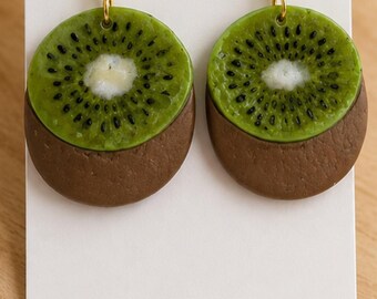Kiwi Fruit Earrings, Handmade Gold-Plated Stainless Steel Dangle Earrings, Cute Food Jewelry, Fruit Lover Gift