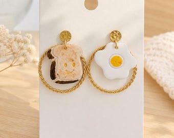 Toast & Fried Egg Mismatched Earrings | Cute Food Jewelry | Breakfast Lover Gift