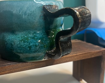 Turquoise Coffee Mug with Black Sparkle Handle – Handmade Ceramic Glitter Mug, Unique Gift for Coffee Lovers, Birthday & Holiday Drinkware