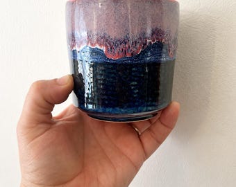 Handmade Stoneware Tumbler | Modern Pottery Cup | Wheel Thrown Ceramic Coffee Cup | Artisan Tea Mug | Purple & Navy Glaze