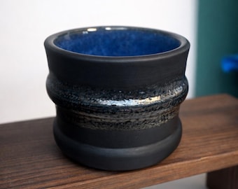 Hand Thrown Pottery Cup | Black Ceramic Tumbler with Blue Glaze Interior | Handmade Stoneware Mug | Rustic Artisan Coffee Cup
