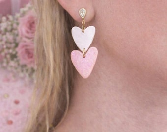 Pink & White Heart Dangle Earrings | Handmade Polymer Clay Earrings | Gold Heart Drop Earrings | Cute Valentine Earrings | Lightweight