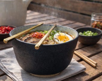 Ceramic Ramen Bowl with Gold Chopsticks | Japanese Style Noodle Bowl | Handmade Stoneware Soup Bowl | Modern Asian Dinnerware