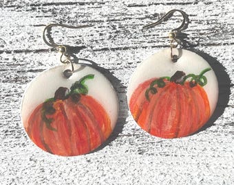 Handpainted Pumpkin Earrings | Stainless Steel, Fall Jewelry