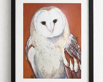 Owl Wall Art Print | 8x10 Barn Owl Painting | Woodland Animal Artwork | Rustic Nature Decor | Wildlife Wall Art Gift