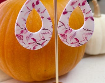 Leaf Print Polymer Clay Dangle Earrings | Pearl Accent