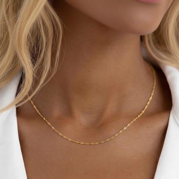 9K Solid Gold Singapore Chain Necklace: 1.5mm Twisted Rope