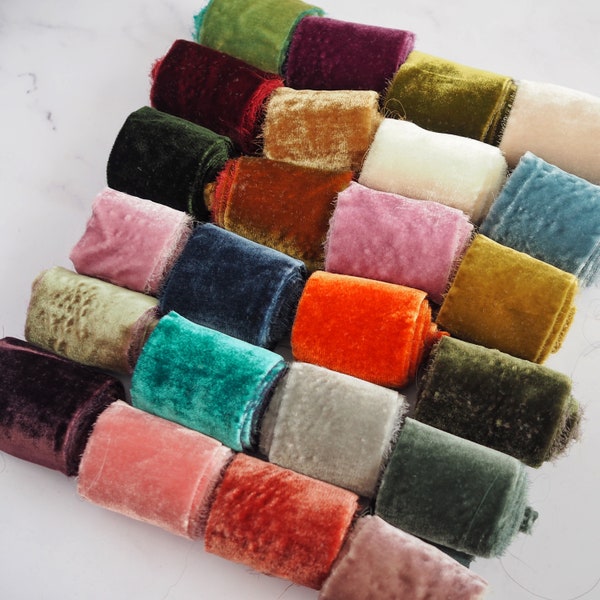 Silk Velvet Ribbon. High quality, hand torn. Available in 40 colours. Perfect for weaving, floristry, crafts and more!