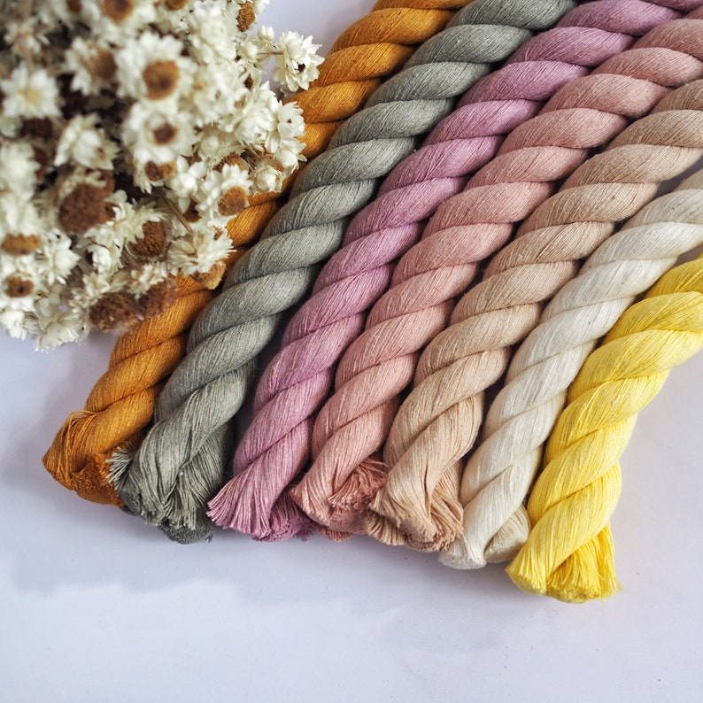 May include: A set of eight colorful cotton cords in various shades of yellow, orange, pink, red, and green. The cords are arranged in a fan shape, with the ends of the cords trimmed.