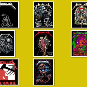 May include: Collection of Metallica band posters. Each poster features the band's logo and various graphic designs, including skulls, snakes, and other illustrations. The posters are on a yellow background.