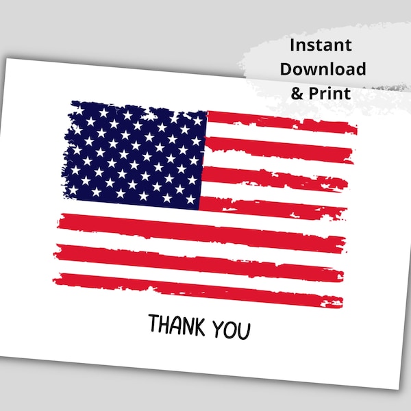 Printable Thank You Card with American Flag, Card Template, Instant Download Patriotic Card, Card to print, Greeting Digital Card pdf