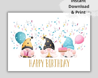 Printable Happy Birthday Card with Gnomes. Card Template. Card to print. Card for kid. Instant Download Greeting Card. Card digital pdf