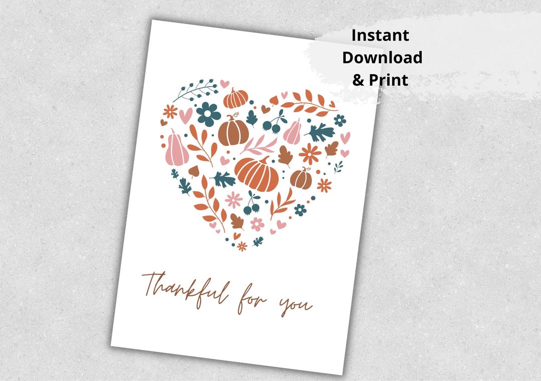 Printable Thankful for You Card, Thanksgiving Card, Autumn Card ...