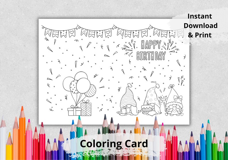 Printable Happy Birthday Coloring Card, Birthday Card With Gnomes ...