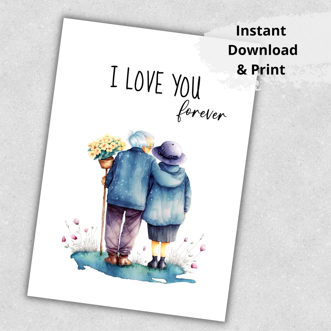 Printable I Love You Forever Card, Cute Old Couple Card, Anniversary ...