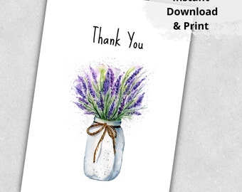Printable Thank You Card, Flowers Card, Lavender card, Bouquet Card, Watercolor Card, Floral Thank You Card, Instant Download, Digital pdf