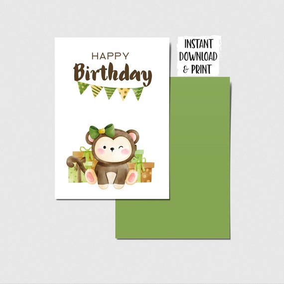 Printable Happy Birthday Card With Monkey. Card Template. - Etsy Canada