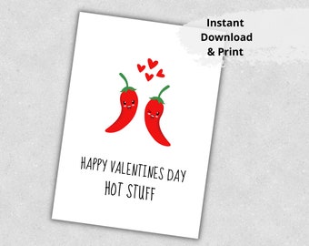 Printable Hot Stuff Card, Chili Pepper Love, Valentine for Him, for Her, Funny Foodie Card, Love Card to print, Instant Download pdf